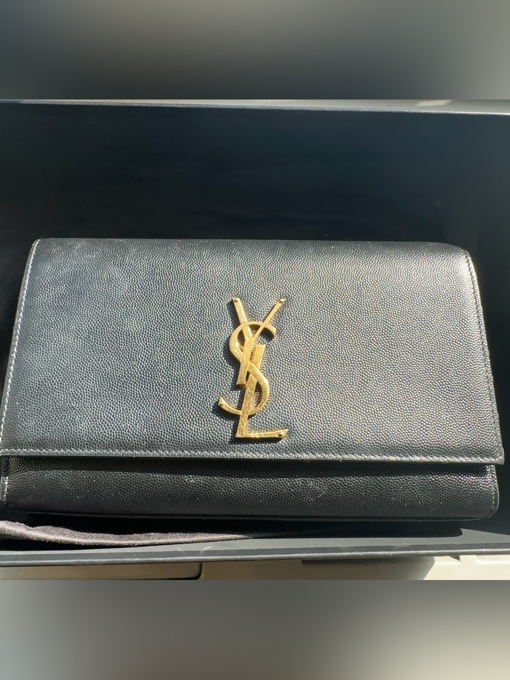 Saint Laurent Kate Medium YSL Monogram Chain Wallet Black Grain Leather Gold